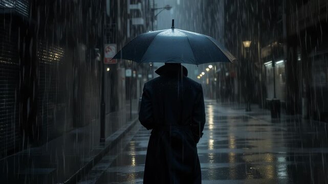 Rainy night in a city street with a person walking away under an umbrella. Lockdown shot.