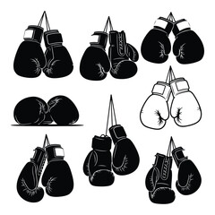 Assortment of boxing glove icon set showing various pairs hanging and resting isolated on