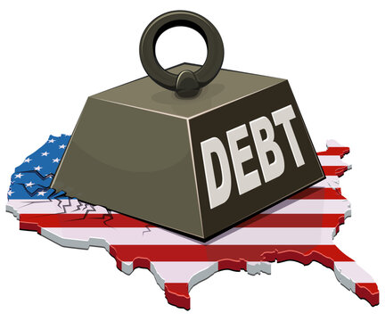 USA map (flag colors) being crushed by a heavy weight labeled "DEBT". Concept for financial crisis or government debt burden in America. (cut out)