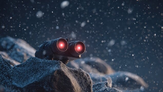 A pair of binoculars with glowing red lenses perched on a snowy, rocky surface in a blizzard