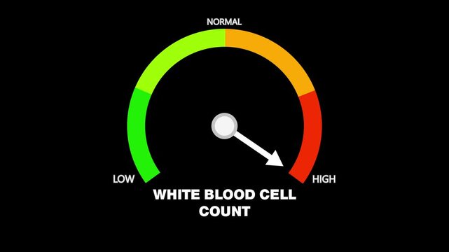 Animated white blood cell count meter moving from high level to normal level, ideal for concepts related to immune system health, infection treatment, and medical monitoring