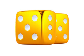 Golden dice shiny metallic isolated two white dots luck gaming playful 3D render reflecting light modern luxury smooth surface joyful casino entertainment gambling chance pair bright yellow glossy