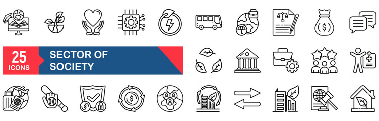 Sector of society icon set. vector illustration concept for sector, society, agriculture, education, health care, energy, technology, transportation, art, justice, public administration
