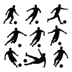 Collection of nine soccer football player silhouette icons in various action pose isolated on