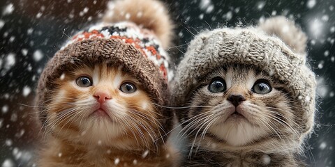 Two adorable kittens in knitted pom-pom hats looking up with big blue eyes amid falling snowflakes outdoors. Cute winter pet duo, cozy festive holiday vibe full of innocence and charm.