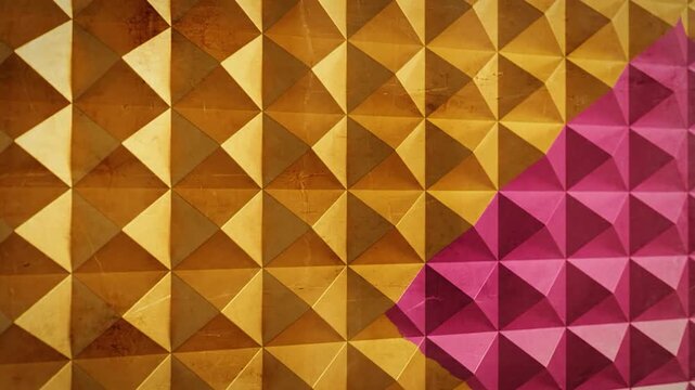 Abstract geometric pattern with golden pyramids and a pink triangle design