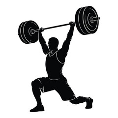 Silhouette of weightlifter performing a clean and jerk or snatch lift isolated on