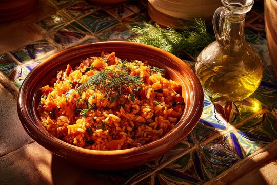 Bowl of Arroz a Grega, Greek style rice dish, on colorful tiled table. Warm lighting enhances vibrant ingredients. Concept of Greek style rice dish vegetables in inviting setting.