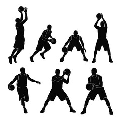 Set of seven basketball player silhouette icon for sport design isolated on