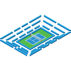 Isometric Tennis Court with Blue Fencing Green Grass Court and White Net Detailed Sports Venue Illustration with Clear Boundaries