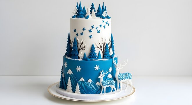 Elegant winter themed cake with deer and trees for a holiday celebration party