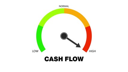 Animated cash flow meter showing movement from high level to low level, ideal for concepts related to financial decline, business loss, budgeting issues, and revenue management.