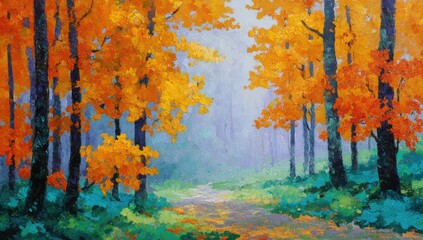 Autumnal forest path in a hazy, colorful landscape