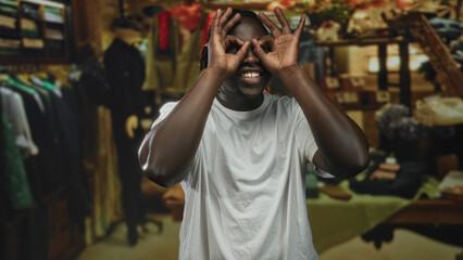 Man wearing white tshirt smiling and forms hand binoculars to eyes amid racks inside building shop; playful curiosity.