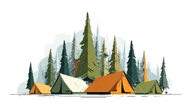 Colorful camping scene in a pine forest
