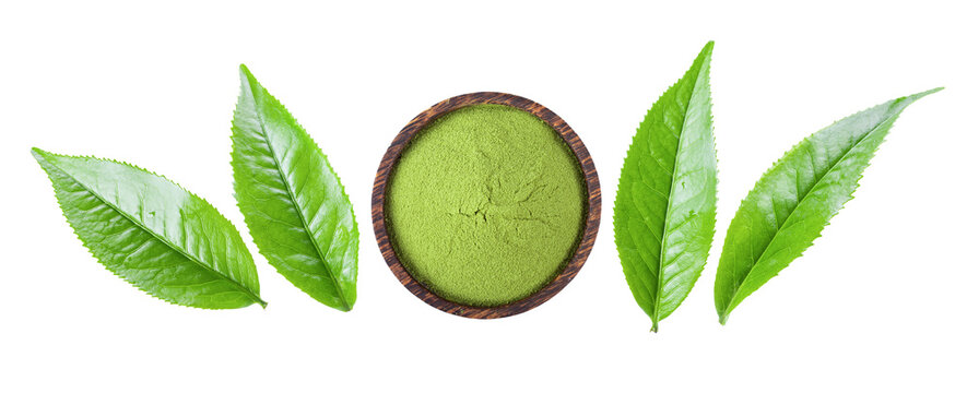 Matcha green tea in wood bowl and tea leaves on transparent png ( image from camera).