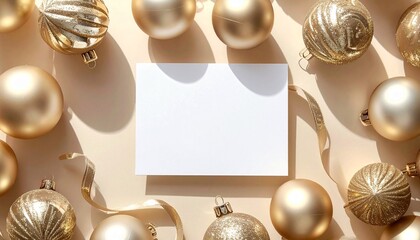 A luxury-themed card layout featuring champagne-gold baubles neatly arranged around a centered greeting card