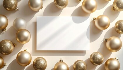 A luxury-themed card layout featuring champagne-gold baubles neatly arranged around a centered greeting card