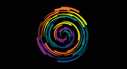 A vibrant spiral of colorful lines dances against a black backdrop, creating a dynamic and visually engaging abstract design.