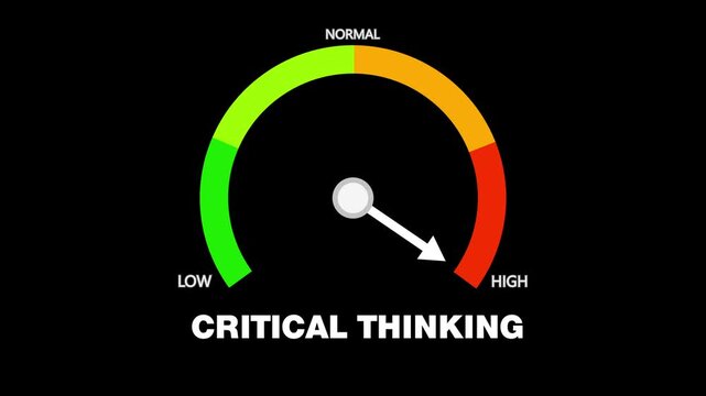 Animated critical thinking meter moving from low to high level, ideal for concepts related to intelligence, problem solving, and decision making