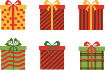 Colorful Christmas gift boxes with ribbons and decorative patterns, festive holiday present collection illustration for celebration, seasonal design elements