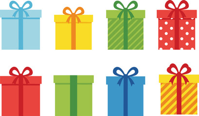 Colorful collection of gift boxes with ribbons and patterns, festive present set for holiday celebrations, Christmas packaging illustration for decoration