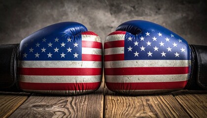 Two boxing gloves facing off—one with the UK flag, the other with the US flag—on a textured gray background.