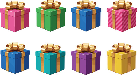 Colorful gift box collection with shiny golden ribbons, festive present set in multiple colors, holiday celebration packaging illustration in vibrant vector style