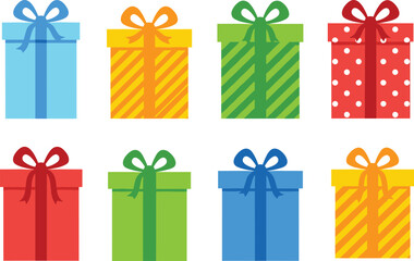 Colorful gift boxes with bows in festive arrangement, vibrant holiday present illustration for celebration themes, perfect for Christmas, birthdays, parties, events