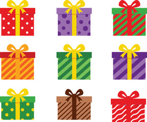 Colorful patterned gift boxes with ribbons and bows, festive present collection for celebrations, holidays, birthdays, parties, cheerful decorative wrapping designs