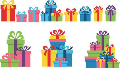 Colorful stacked gift boxes with ribbons and bows, festive present collection illustration for celebration, birthday, Christmas, holiday events, party decoration themes