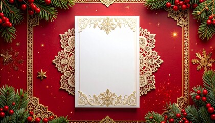 A modern white card with ornate gold lace borders and soft festive sparkles over a royal red background
