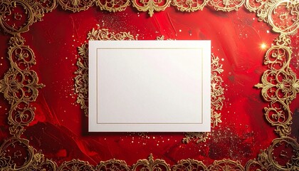 A modern white card with ornate gold lace borders and soft festive sparkles over a royal red background