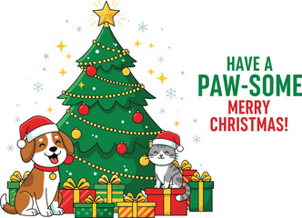 Cute dog and cat in Santa hats celebrating Christmas near decorated tree with gifts, festive holiday pet illustration for seasonal greeting designs