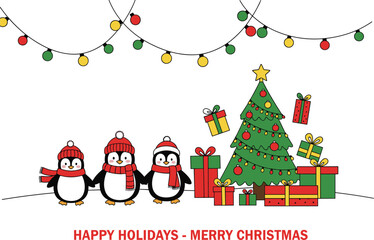 Fototapeta premium Cute penguins celebrating Christmas with decorated tree, holiday gifts, festive lights, winter season illustration for greeting cards, celebrations, Merry Christmas themes