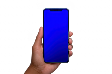 Hand holding modern smartphone with blank blue screen, isolated on transparent background, technology concept, digital device, mobile communication, touchscreen, and user interface design