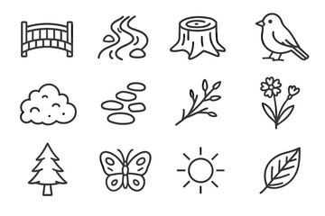 Fototapeta premium Trail sun vector icons stump butterfly bush wildflower branch stream nature bird
