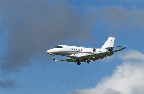 Geneva, Switzerland - october 26, 2025 : sign and logo on an  sign and logo on a Cessna 680A Citation Latitude OF NetJets Europe landing at Geneva Airport