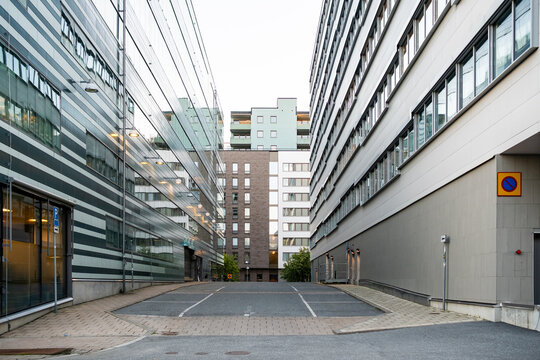 A clean modern urban cityscape built around empty corporate street architecture through the financial district, introducing business vision and future oriented design