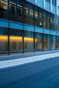 Modern corporate street architecture in an empty urban cityscape across the financial district, highlighting business angles and future elements with clean structure