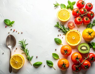 Minimalist Fresh Food Background Flat Lay with Sliced Fruits, Vegetables, and Herbs on Pastel Backdrop