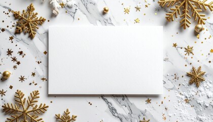 A postcard on premium white marble with scattered gold snowflakes creating a refined holiday frame