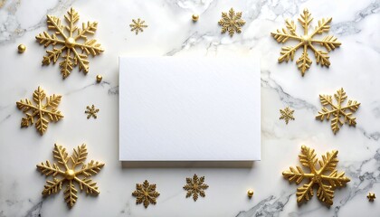 A postcard on premium white marble with scattered gold snowflakes creating a refined holiday frame