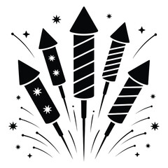 A festive display of firework rockets, silhouetted against a clean white backdrop, ready to light up the night sky