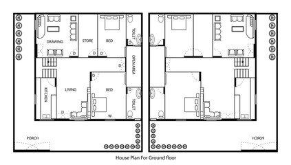 Interior design and map plan ground floor for house, apartment or flat. vector architecture of 2D plan with room and furniture