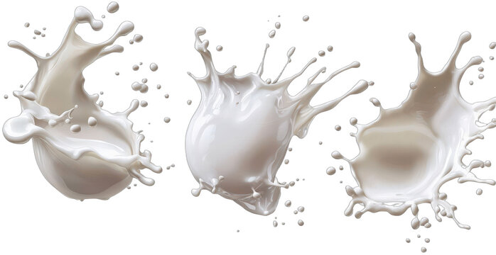 Three realistic splashes of milk in different forms and shapes