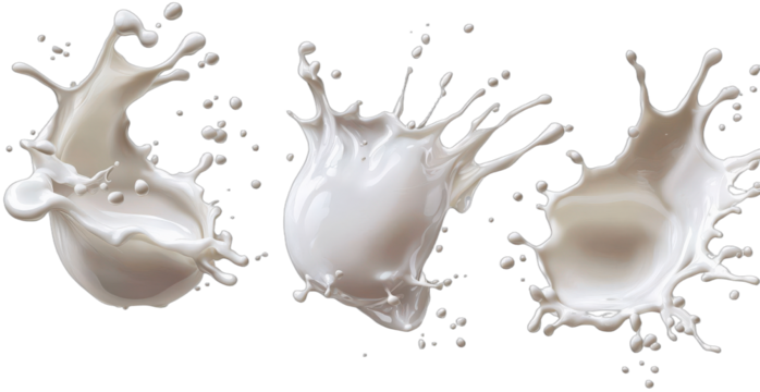 Three realistic splashes of milk in different forms and shapes