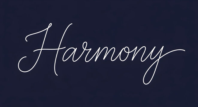 Elegant harmony script on dark backdrop exudes tranquility, balance, and inner peace for a modern design promoting calm, wellness, or meditation