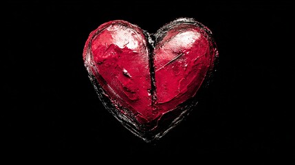 Close-up of textured red heart shape on black background with reflective highlights