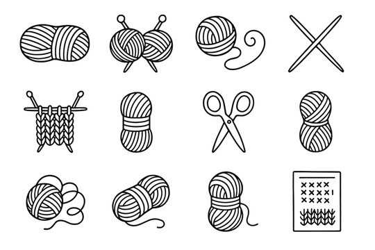 Pattern collection detailed knitting yarn sheet icon scissors vector tools sketch doodle